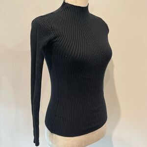 Retro Vintage Black Mock Neck Long Sleeve Soft Knitted Top Ribbed Sweater